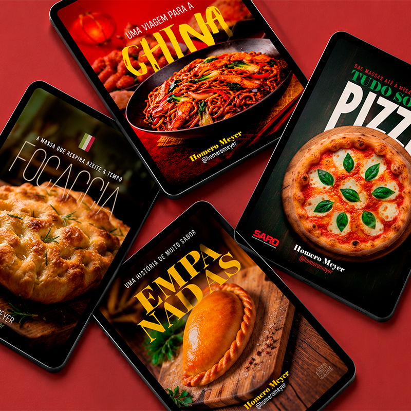 Artes originais dos e-books Focaccia, Uma Viagem para a China, Tudo Sobre Pizza e Empanadas